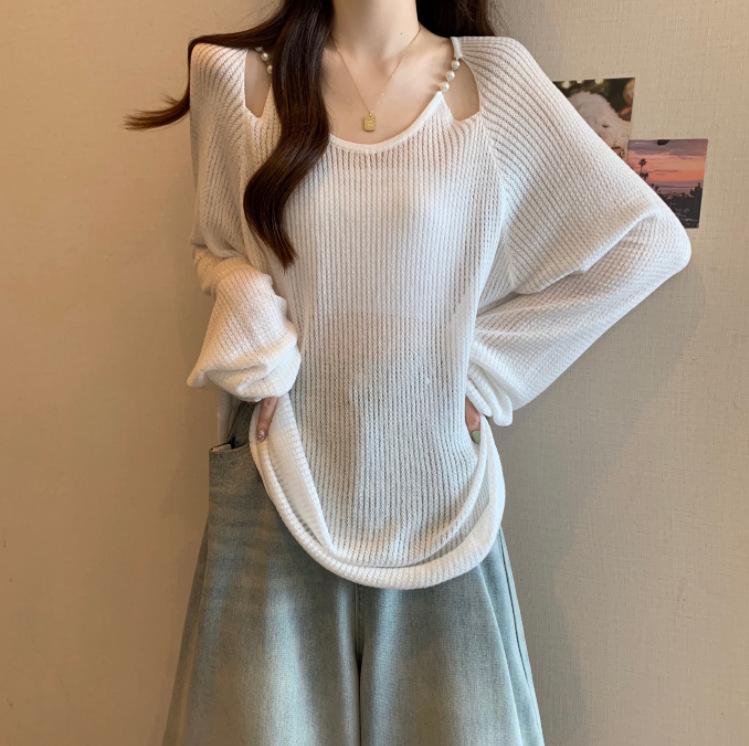 

Plus Size Summer Loose Knit Cardigan - Sweet Style, Sun Protection, Versatile, Long-Sleeve Pullover, Round Neck. 4XL белый