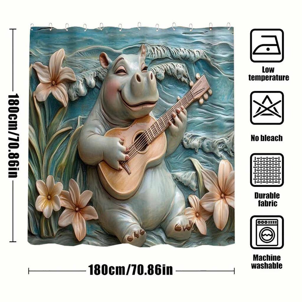 1Pc 3D Embossed Single Guitar Hippo Shower Curtain-With 12 Hooks, Machine Washable, Suitable For Bathroom Decoration