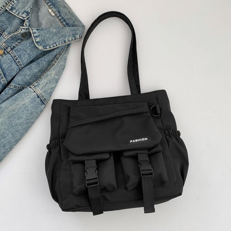 Large Capacity Stylish Black Nylon Tote Bag For Casual Everyday Use With Roomy Design Black