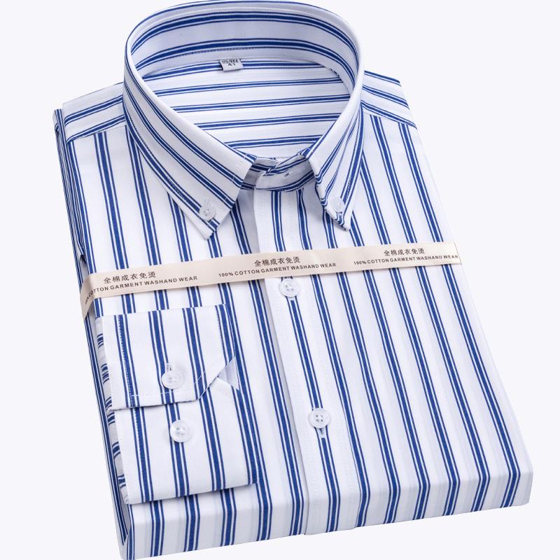 Ant-Wrinkle Non-Iron 100% Cotton Business Men Formal Shirts Plaid Striped Long Sleeve High Quality oFFICE