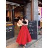 Kumikumi Three-Dimensional Flower Hanging Neck Sling Women Summer Red Bow Lace-up Skirt Umbrella Skirt Two-piece Set