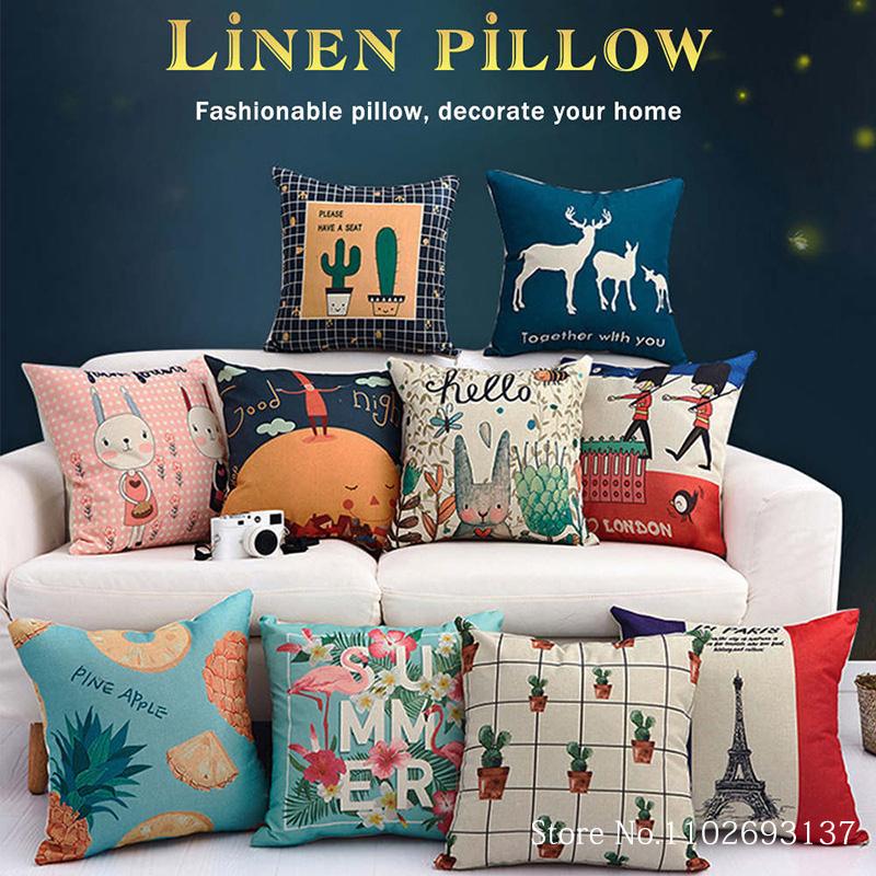 45X45Cm Linen Polyester Cushion Cover Abstract Geometric Grids Stripe Throw Pillowcase For Sofa Home Decor Pillows Case