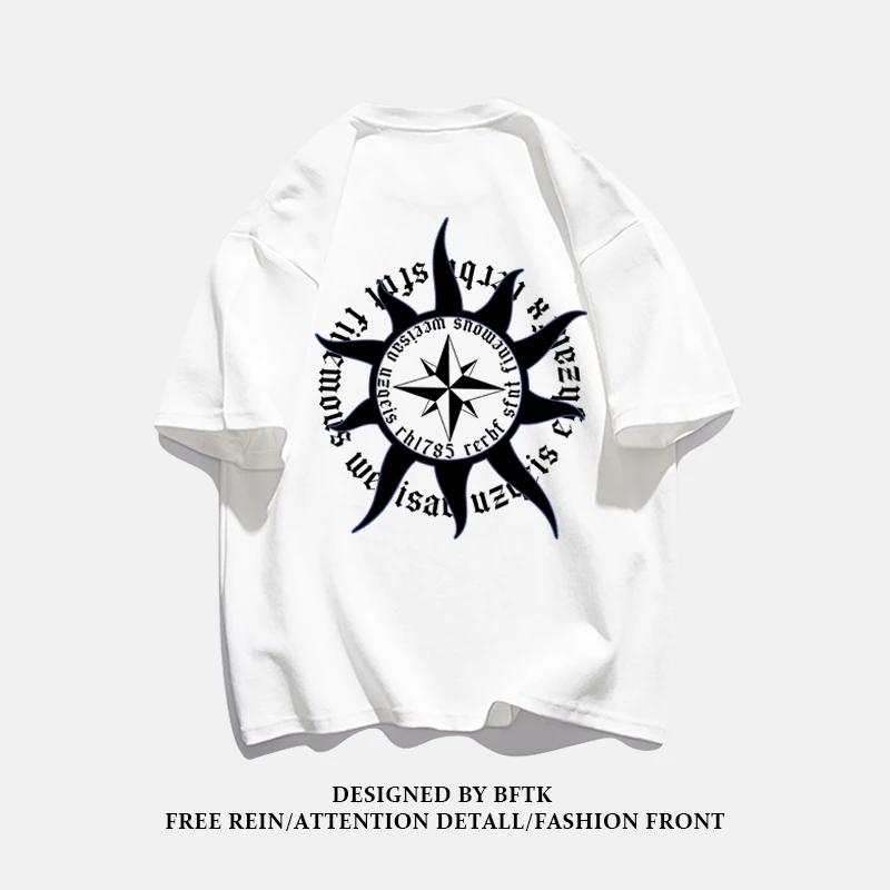 Summer Fashion Heavyweight Retro Men's English Letters 100% Cotton Printed Round Neck High-quality Casual Fitness Street T-shirt