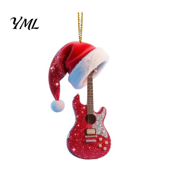 Unique Christmas Gift Red Guitar Ornament, 2D Flat Acrylic Hanging Pendant with Durable Holiday Decoration Santa Hat, Country Music Tree Decoration,