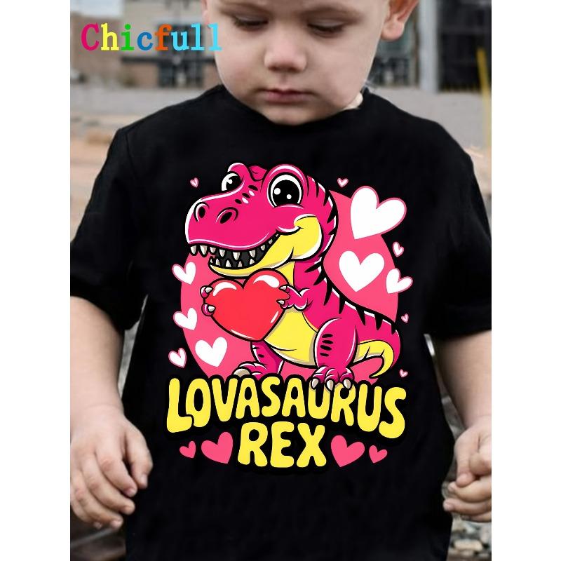 European sizes Children Valentine S Day TX70082 Boy LOVASAURUS REX Cartoon Dinosaur And Heart Print Creative Casual Round Neck T-Shirt 98cm чёрный