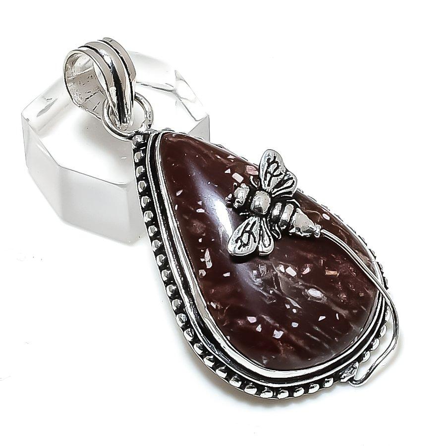 Natural Poppy Jasper Gemstone Handmade 925 Sterling Silver Pendant 2.17" J7m89
