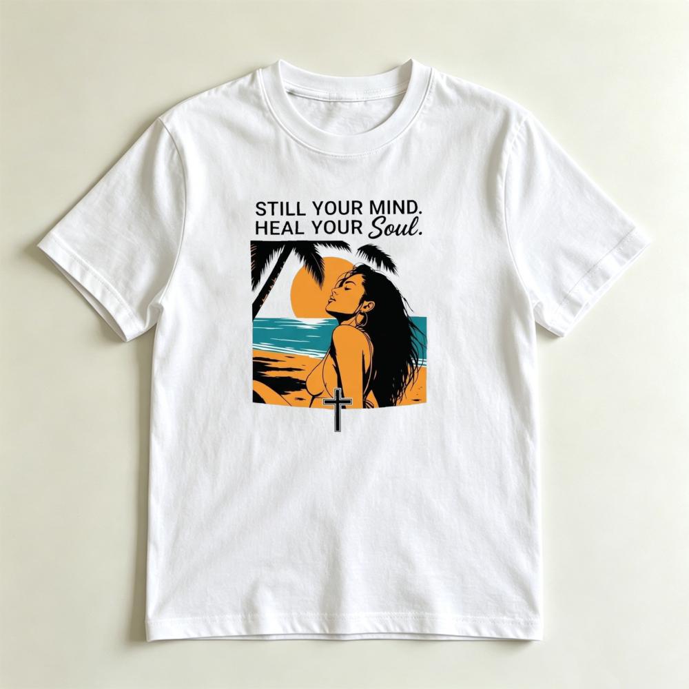 Still Your Mind Heal Your Soul Christian Beach Graphic TShirt Retro Christian Sunset Graphic Tshirt Unisex Summer Cotton Shirt