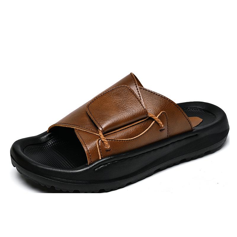 Men s Genuine Leather Velcro Sandals - Large Size, Non-Slip Casual Beach Shoes 43
