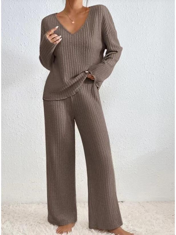 2025 Autumn/Winter Hot Selling Ribbed V-Neck Long Sleeve Brushed Casual Set for Women