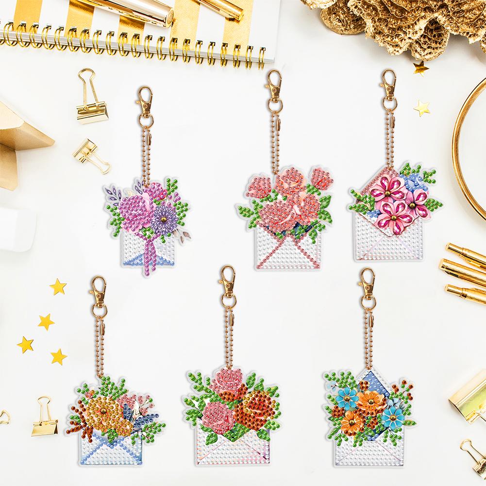 6PCS Full Drill Keyring Barrel Flowers Double Sided Diamond Art Keyring Mandala for Beginners Birthday Crafting Home Party Decor