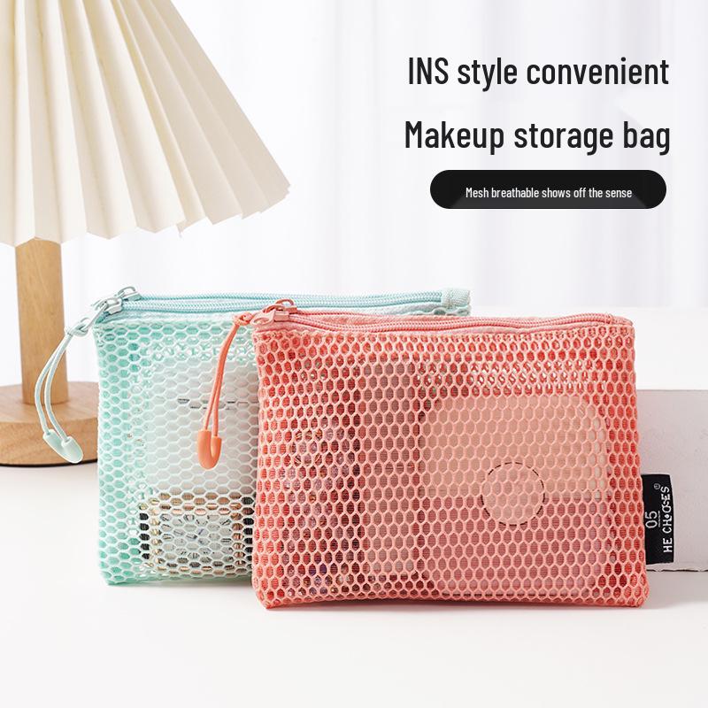 Dopamine Double-Zipper Women's Travel Makeup Bag: Portable Mesh Organizer for Cosmetics and Touch-Ups