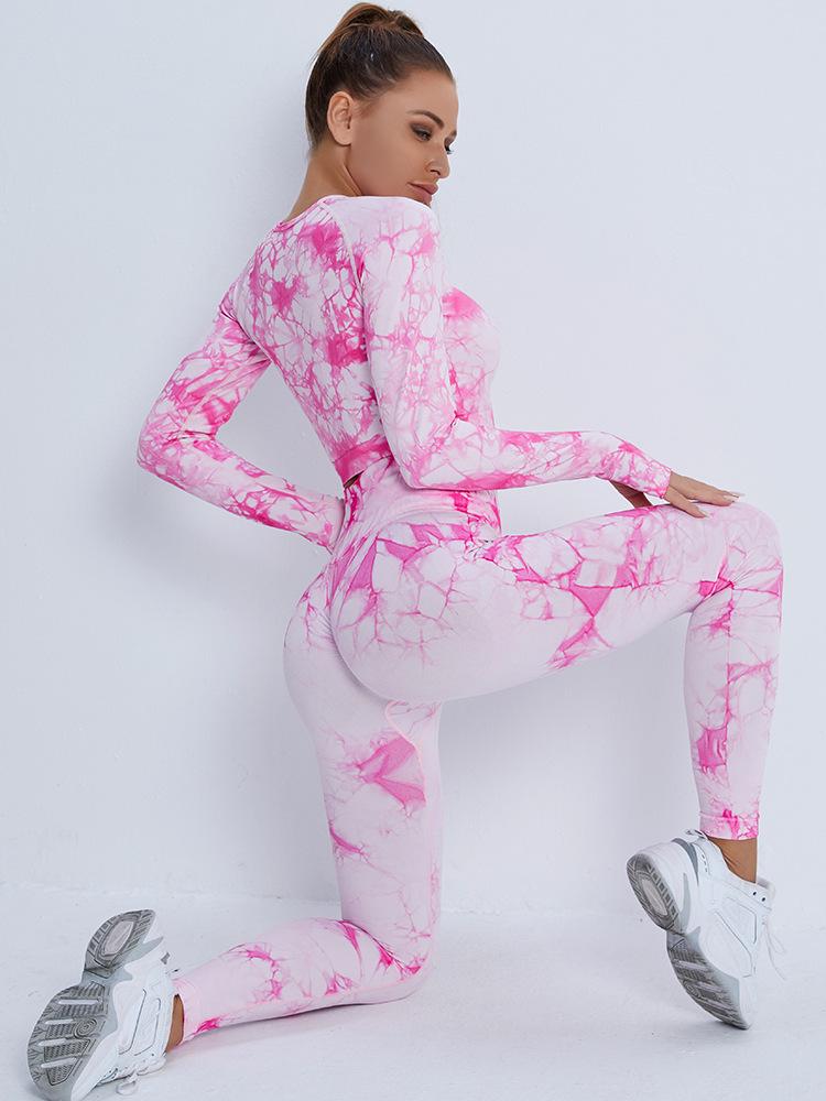 Nahtloses Tie-Dye-Yoga-Sportbekleidungsset: Langarmshirt und -hose für Damen