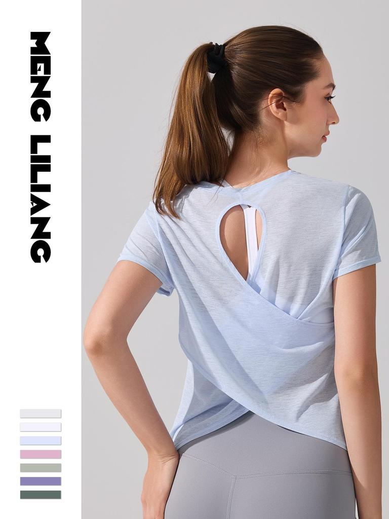 Women's Breathable Short Sleeve Yoga T-Shirt with Hollow Beautiful Back - Lightweight Dance Fitness Cover-Up Running Top