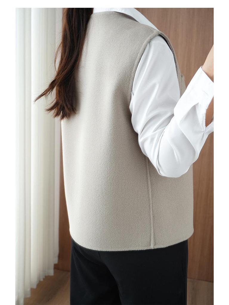 Dámská asymetrická oboustranná vlněná vesta - V-výstřih, bez rukávů, módní kardigan na podzim/zimu