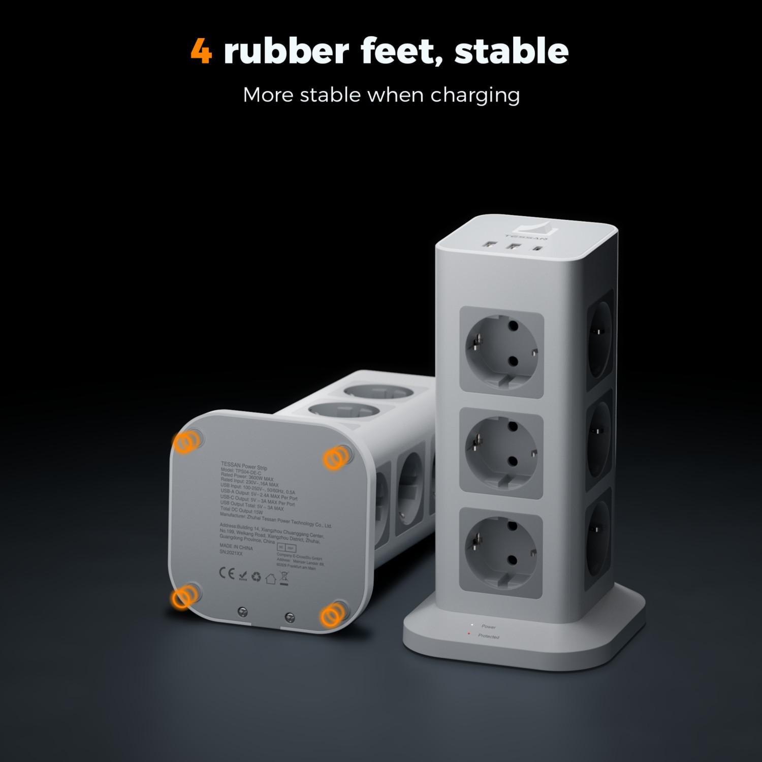 

TESSAN Flat Plug Socket Strip, 12 Way Multiple Socket with 3 USB, Extension Cable Flat Connector 2 m, Multiple Plug Surge Protection 12 Outlet&2 USB A 1 USB C сірий колір