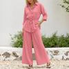 Women's Casual Two Piece Long Sleeve Collared Shirt and Pants Set