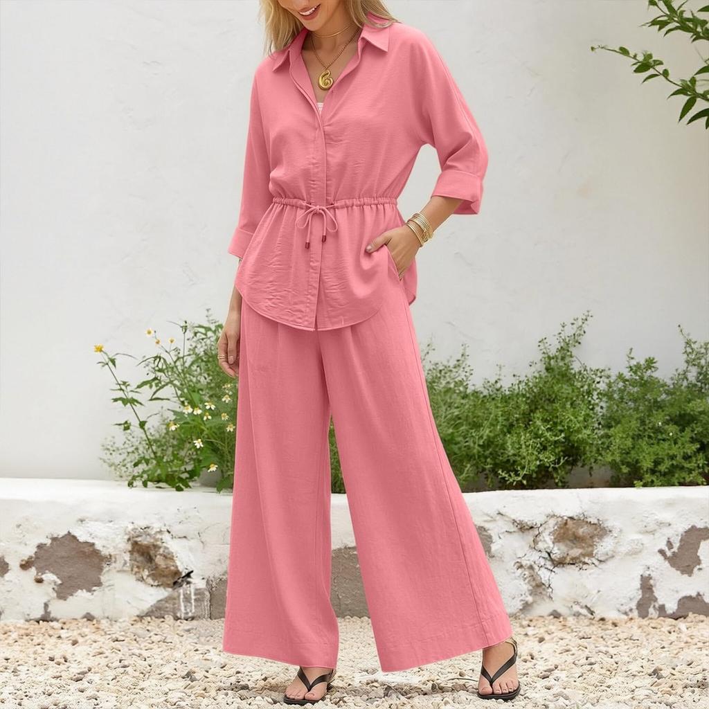 Women's Casual Two Piece Long Sleeve Collared Shirt and Pants Set