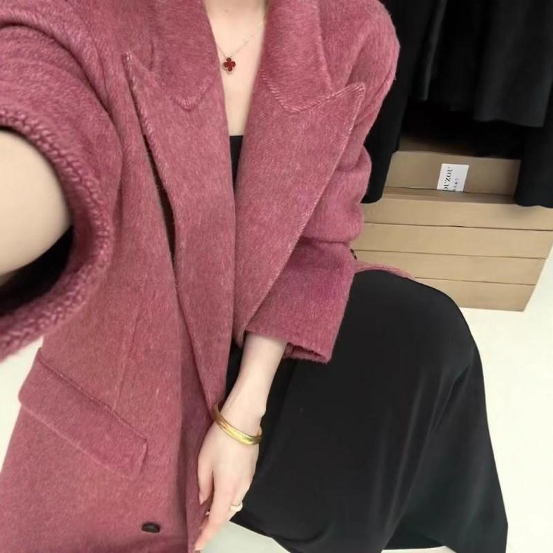 Womens Wool Blend Double-Sided Coat Mid-Length Loose Fit Korean Style Casual Overcoat With Notched Lapel Double Breasted