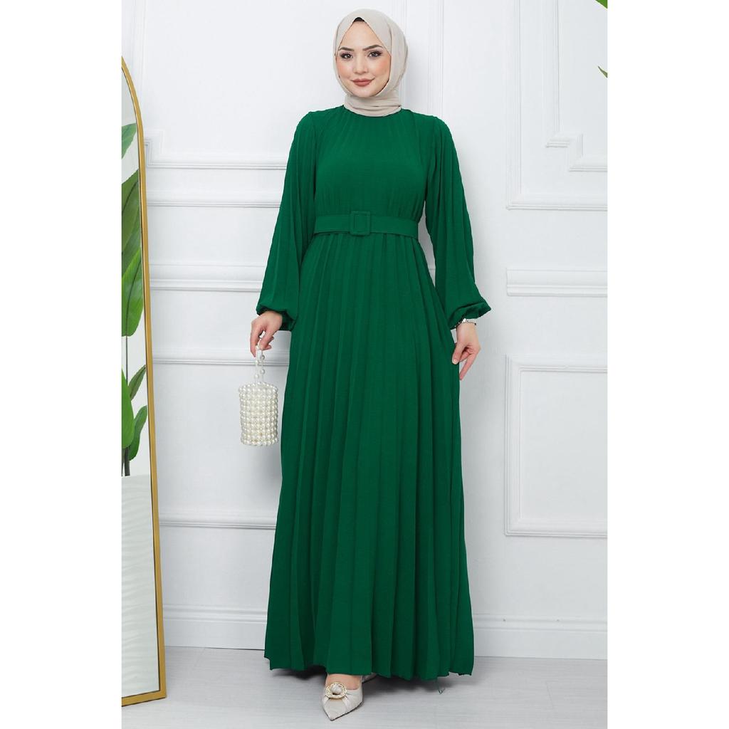 Belted Pleated Aerobin Dress Khaki Hm2339