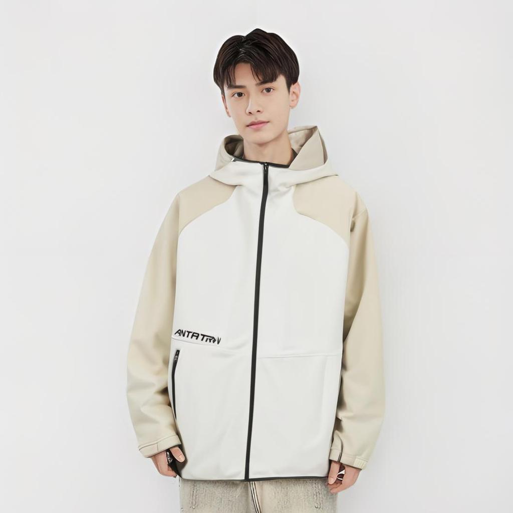 Anta Training Series Letter Loose Hooded Zipper Casual Long Sleeve Jacket Men jackets Mushroom-Gray Plain-Khaki 952447701-1