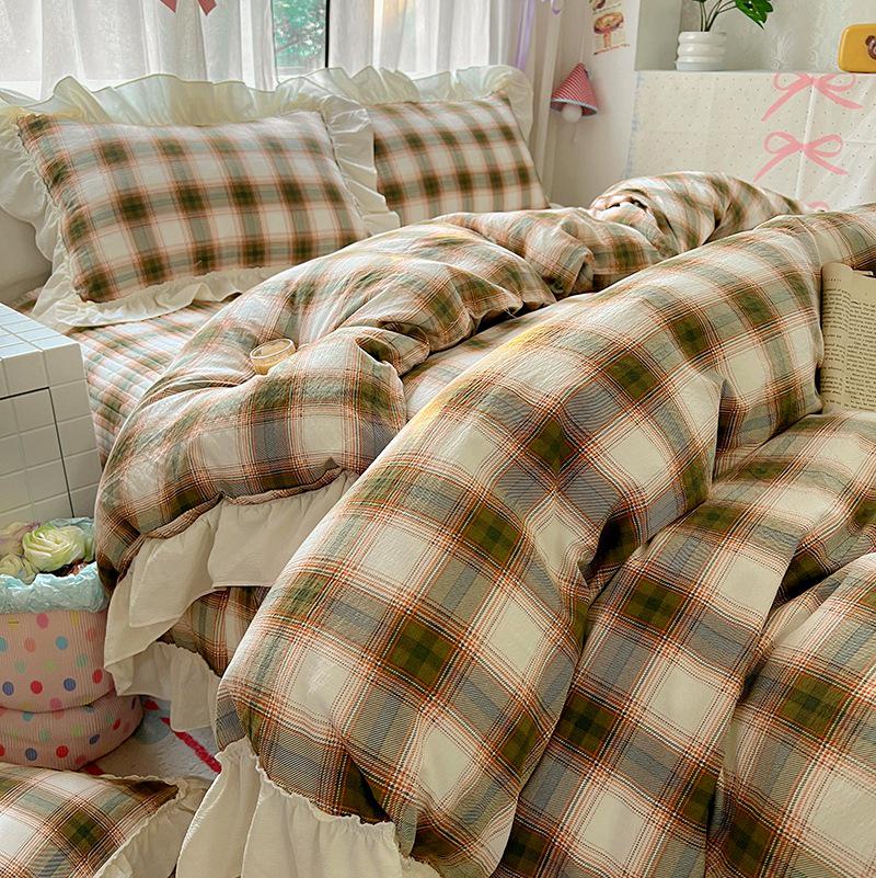 Princess Style Crinkled Gauze Lace Bedding Set - 4-Piece Washable Cotton Plaid Double Duvet Cover for All Seasons