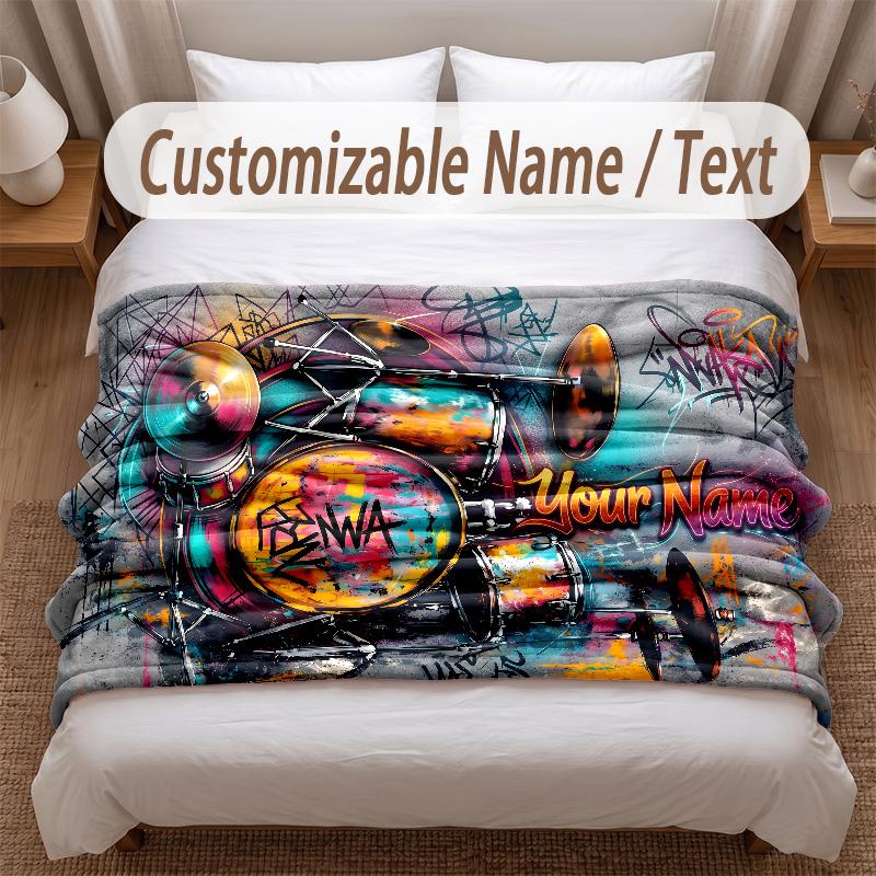 Music Drums Theme Soft Blanket Personalized Custom Name Text Print Warm Blanket Home Sofa Bedroom Decor