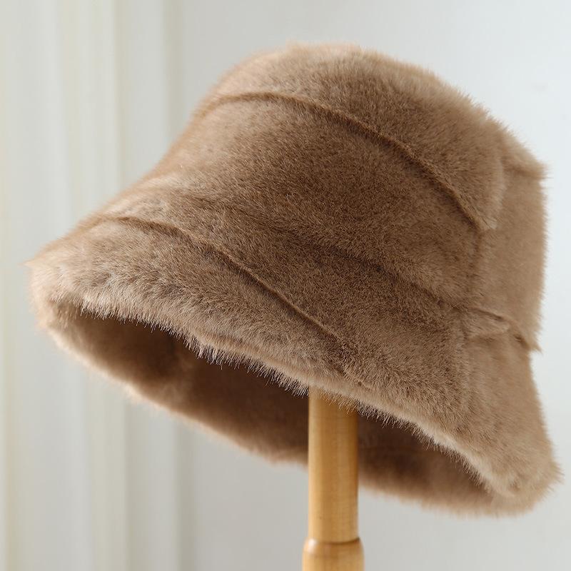 Autumn and winter imitation mink hair bucket hat women's high sense fashion thickened plush hat versatile cold warm basin hat