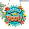 2D Flach, 1 Stück Runde Aluminium "Willkommen am Pool" Schild, Niedliche Gummi-Ente & Floraler Wasserspritzer Metallschild, Helles Buntes Sommerdesign, Idee für