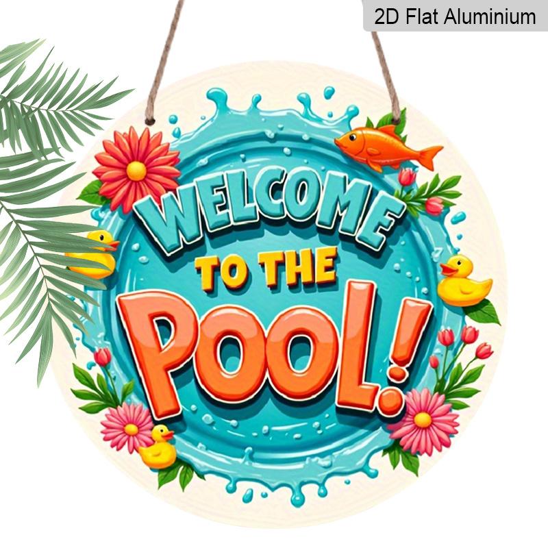 

2D Flat, 1pc Round Aluminum Welcome To The Pool Sign, Cute Rubber Duck & Floral Water Splash Metal Plaque, Bright Colorful Summer Design, Idea for 7.87×7.87inch