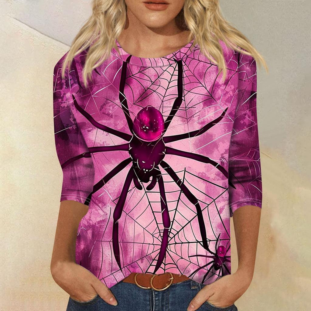 Dámské módní ležérní top s tříčtvrtečním rukávem a halloweenským potiskem, kulatý výstřih