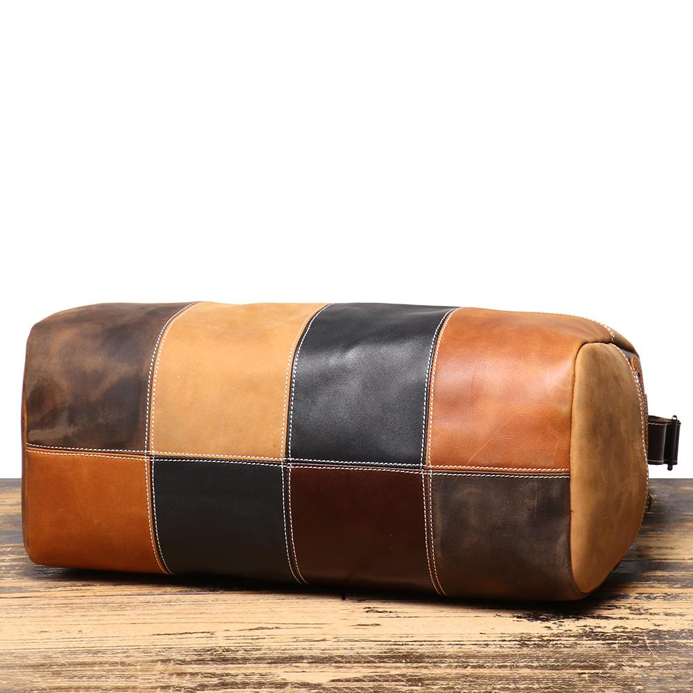 Retro Color Matching Leather Storage Bag Cowhide Business Trip Duffel Bag Large Capacity Shoulder Messenger Travel Bag