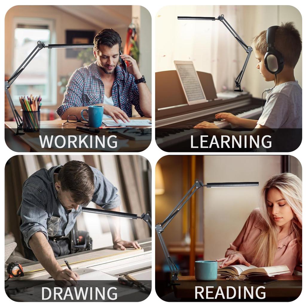 LED Desk Lamp Long Arm Foldable Clamp Adjustable Eye Caring Light with 3 Color Modes Dimmable for Reading Study and Office Work