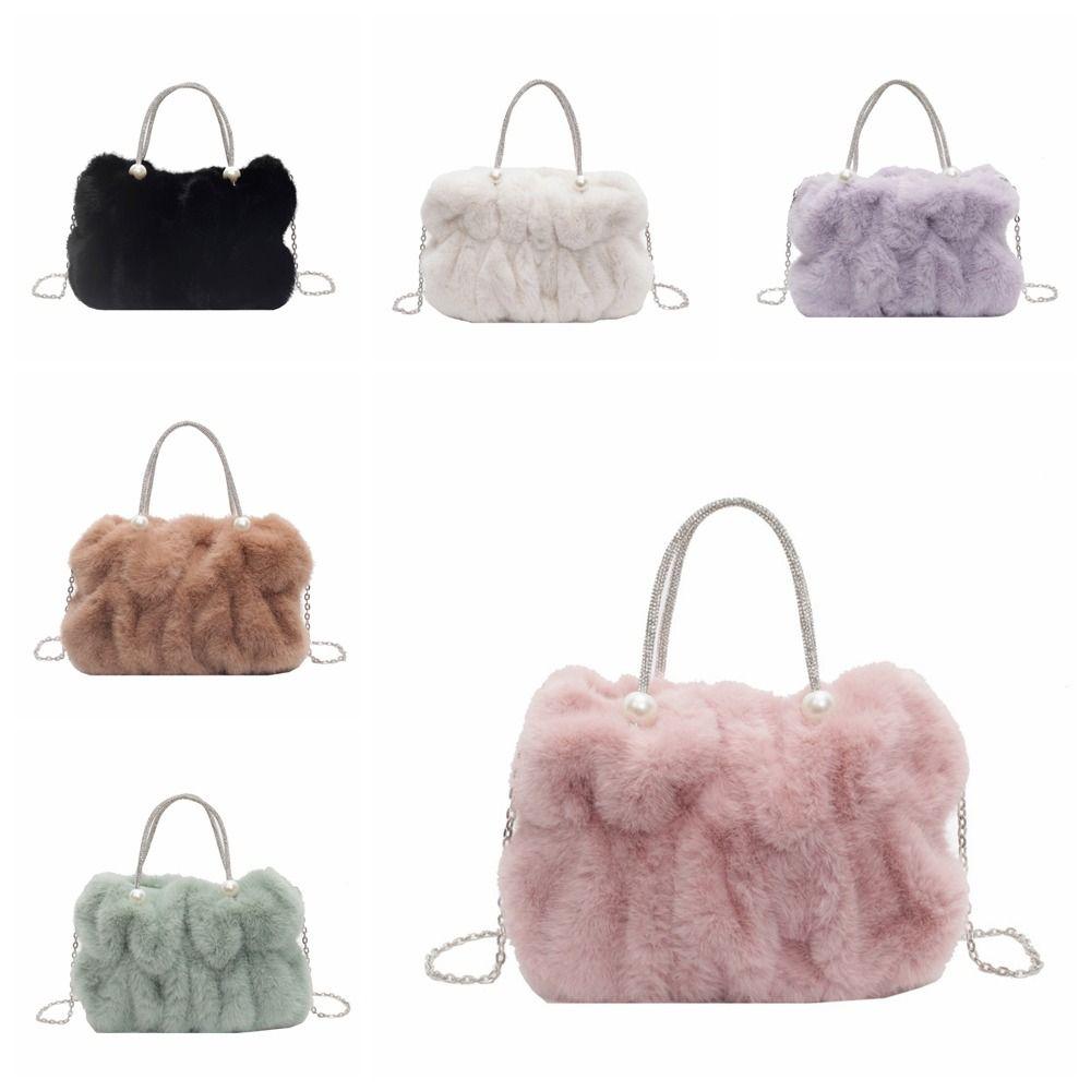 Korean Style Women Plush Shoulder Bag Solid Color Faux Fur Crossbody Bag Travel