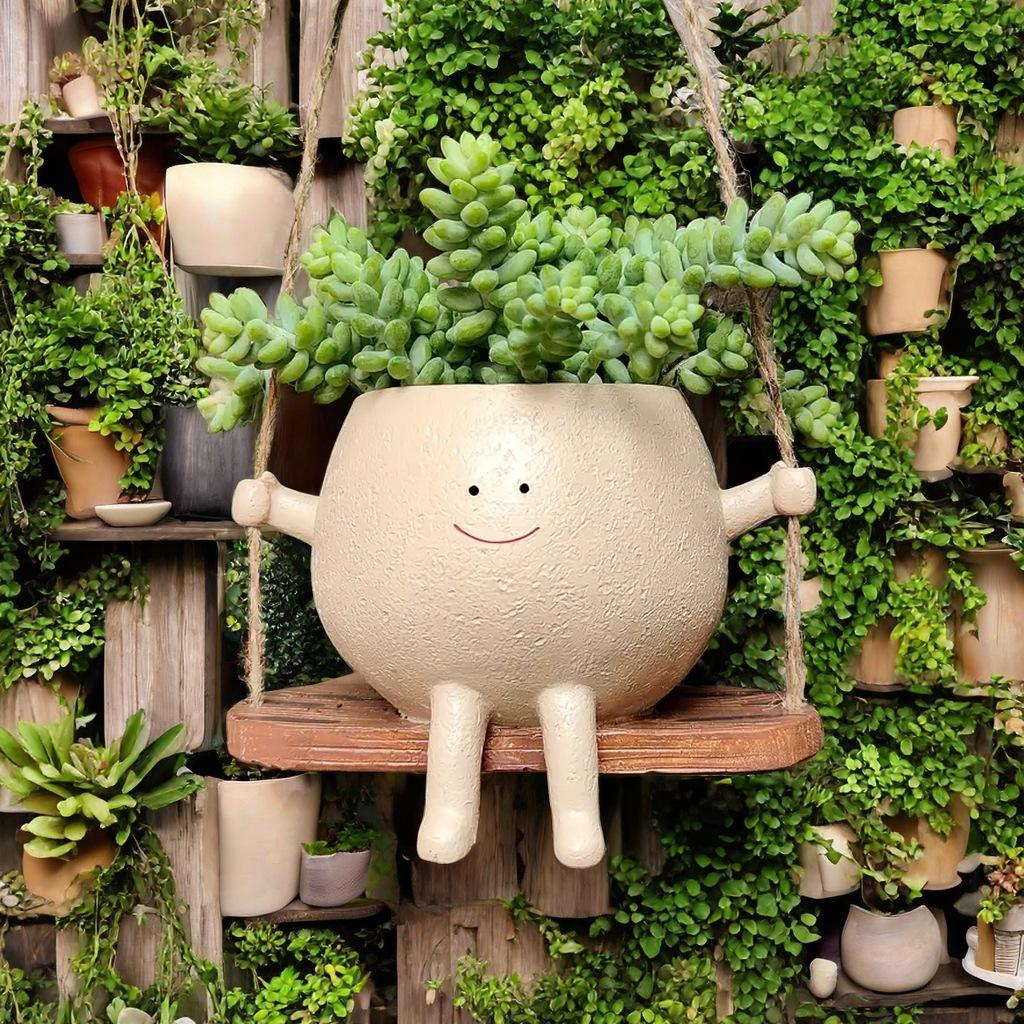 Hanging Succulent Planter Pot Cute Fun Mushroom Swing Face Planter Pot Resin Cartoon Mushroom Vase for Indoor Outdoor Plant