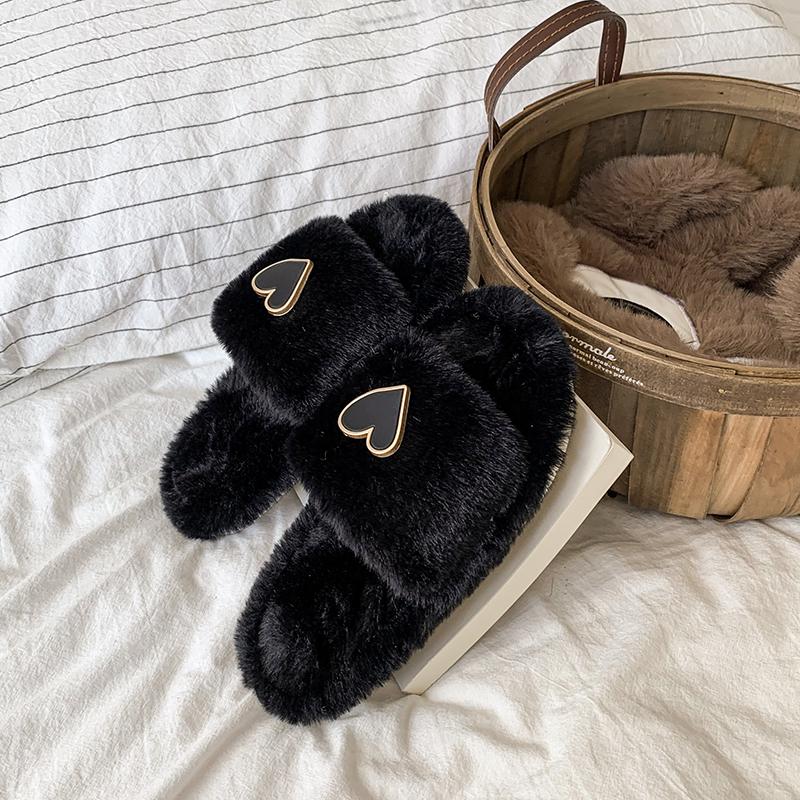 New Love Heart Spring Autumn Children's Furry Slippers Cute Comfortable Flat Bottom Home and Outdoor Wearable Slippers
