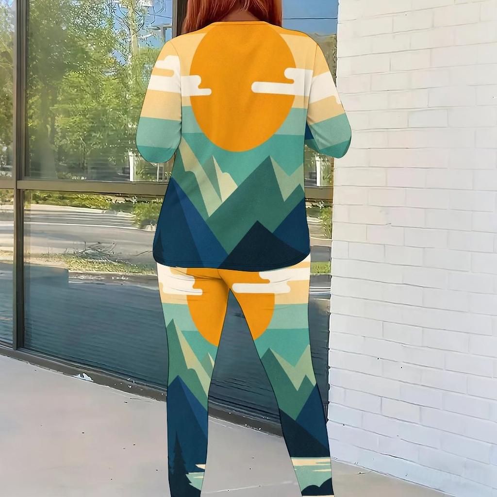 Women Plus Size Two Piece Set Round Neck Long Sleeve Top Fitted Pants Cartoon Printed Colorful Outfit