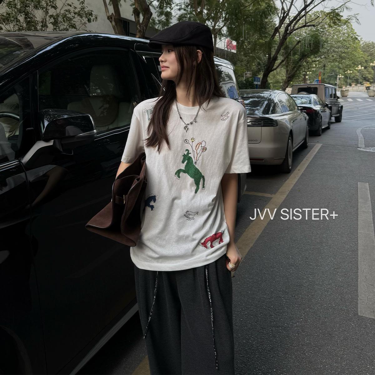 JVV 2026 Spring Cartoon Short Sleeve Loose Casual Women s T-shirt One Size белый