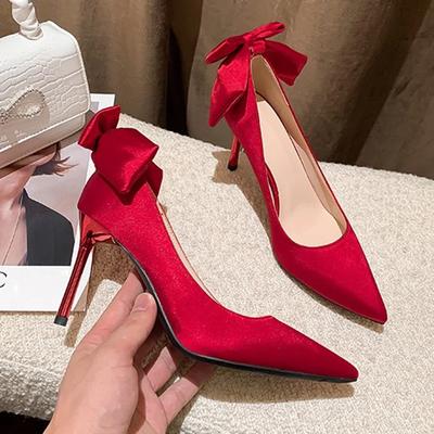 Fashion Bow Strap Fashion Women's Shoes High Heel Fine with Simple Flannelette A Pointy Band High Heels with Single Shoes for Ladies