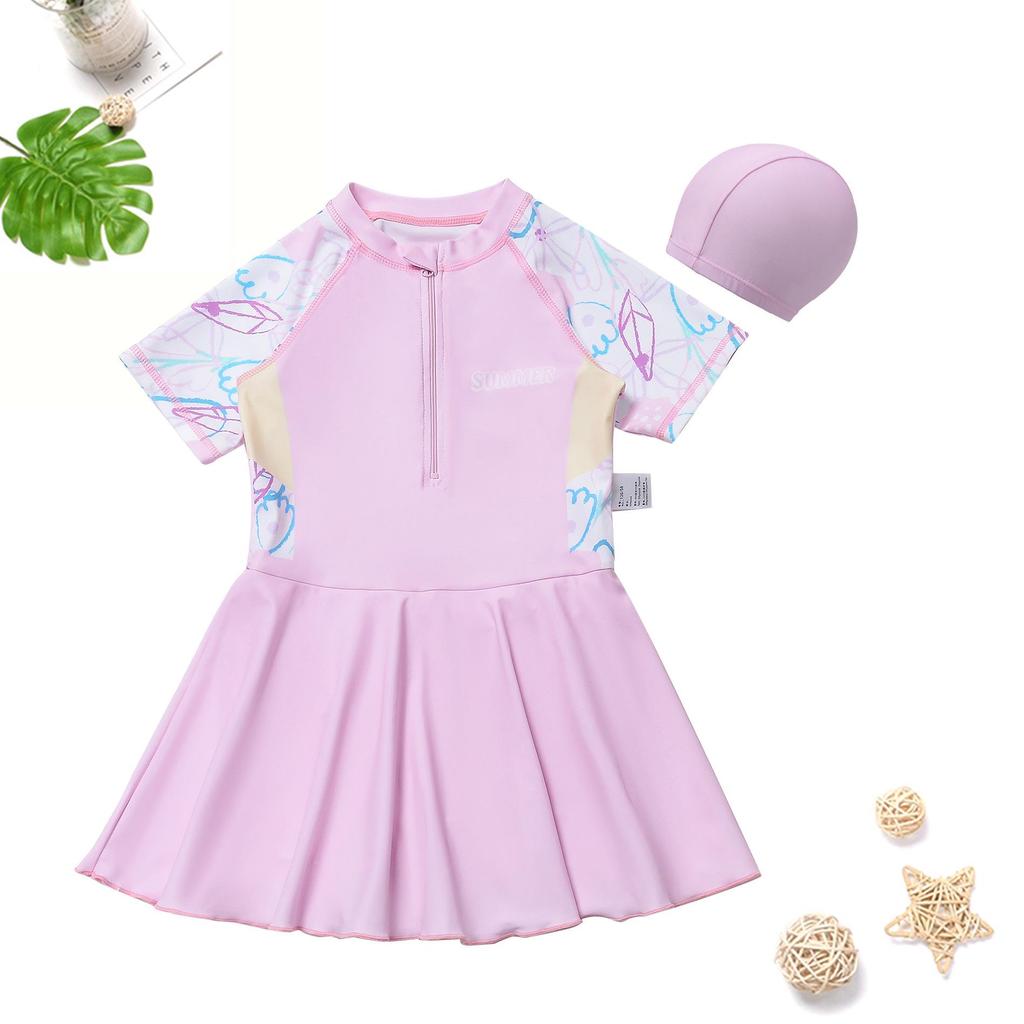 Girls' Rouge Pink Princess One-Piece Skirted Swimsuit - Quick-Dry, Sun Protection, Medium & Large Sizes