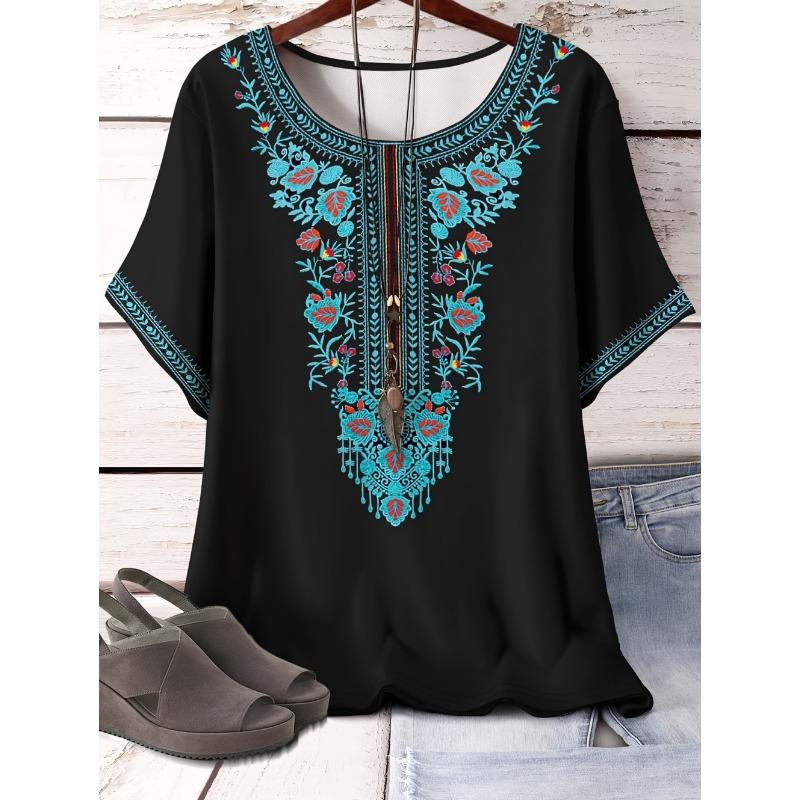 2026 Trend Summer Ethnic Graphic Print T-Shirt Round Neck Comfortable Short Sleeve Tshirt Oversized Tees Tops Women's Clothing