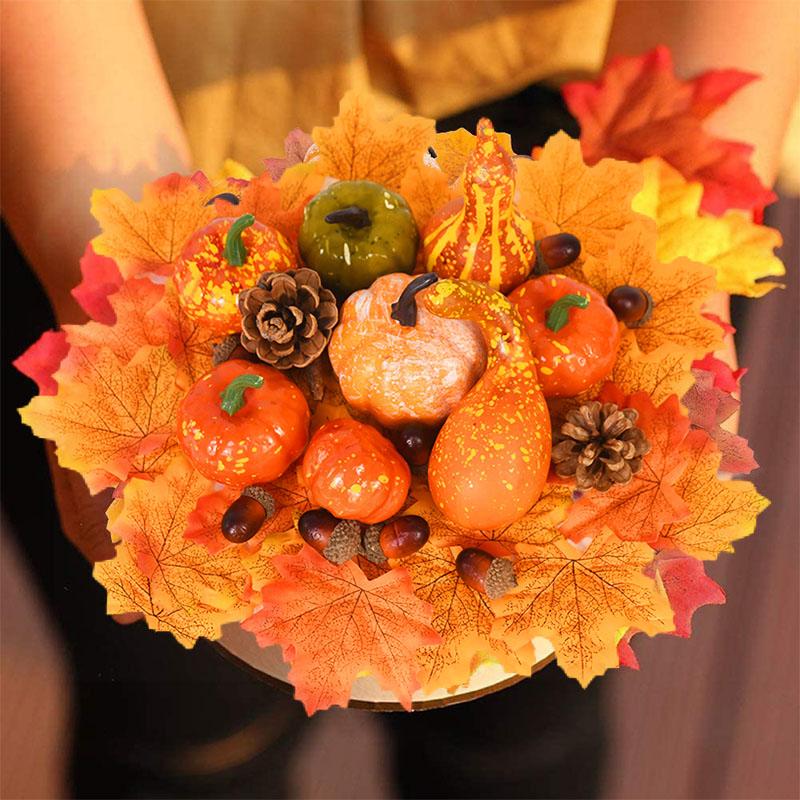 50Pcs/set Artificial Pumpkin Maple Leaves Pine Cone Halloween Thanksgiving Fall Table Home Decoration Photo Props Ornaments