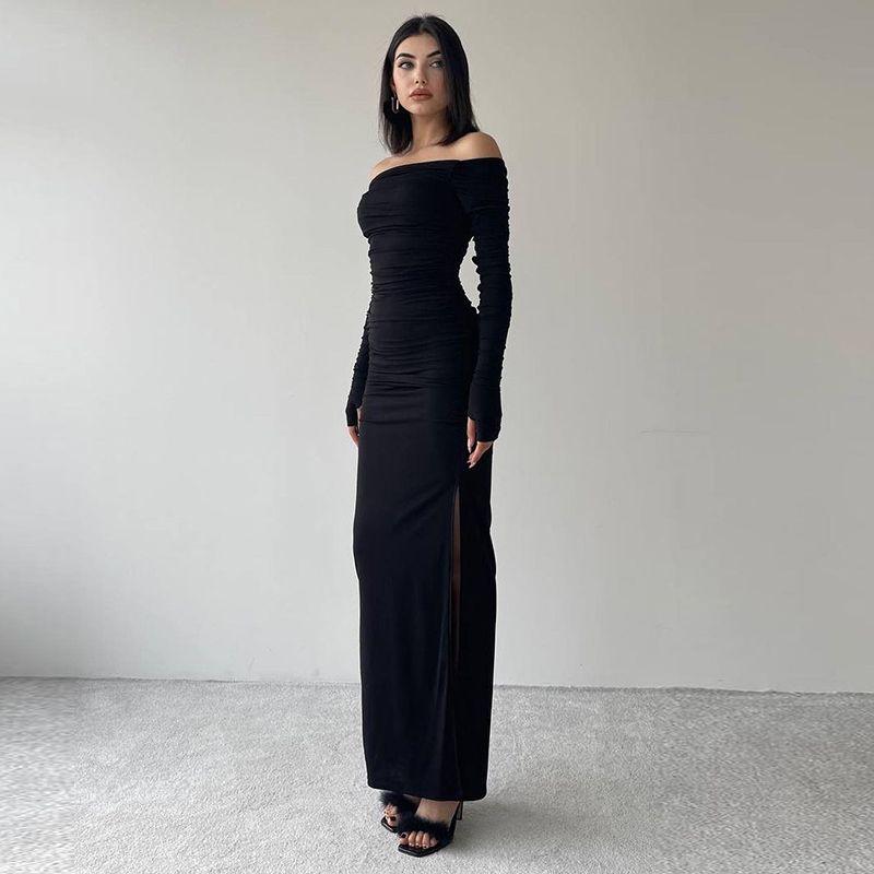 

Shemoda Мода Инстаграм Стиль Сексуальное платье с открытыми плечами, плиссировкой, высокой талией, облегающее, с длинными рукавами, женское платье с боковым разрезом Black S