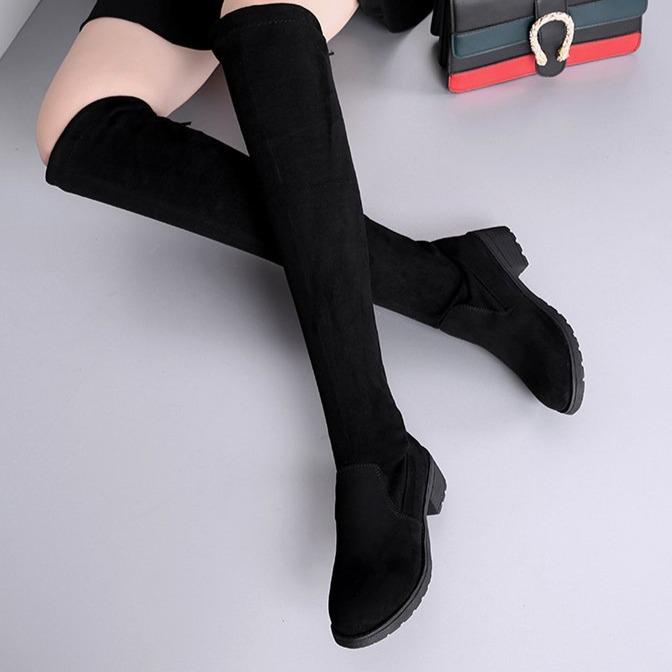 Boots Over Knee Flat Bottom Elastic Skinny Black Over Knee Boots Children Suede Students Low Heel Boots Autumn and Winter