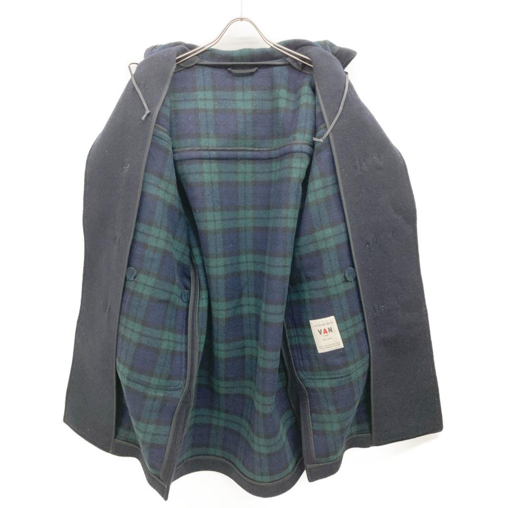 VAN JACKET Navy KW-81504 Wool Blend Hooded Logo Duffle Coat coat L Navy Green CheckUsed