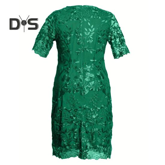 Women Dress Flower Embroidery Double Layers Short Sleeve Round Neck Mid Calf Length Lace Plus Size Elegant Lady Midi Prom Party Dress