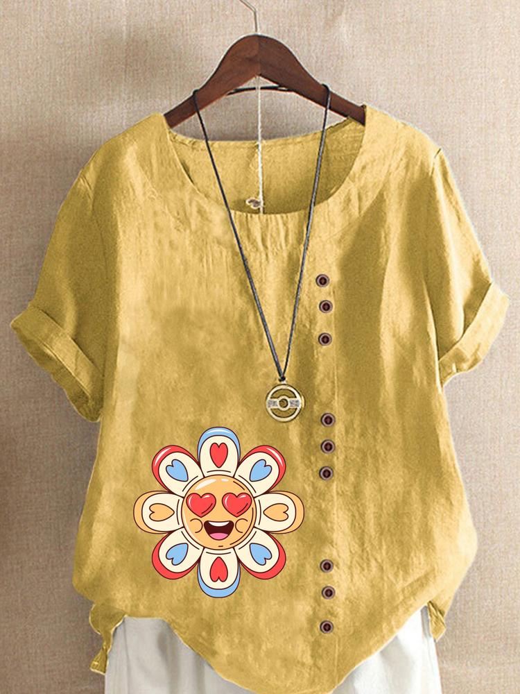 Women's Fashion Love Petal Print Round Neck Short Sleeve T-shirt Casual Cotton Linen Graphic Shirt Leisure Loose Summer Blouse Tops