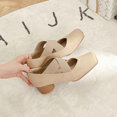 Thick Heel Ballet Shoes Women's Leather Retro Straps Single Shoes 2025 New Shallow Mouth Square Head Fairy Wearing Mary Women's Shoes