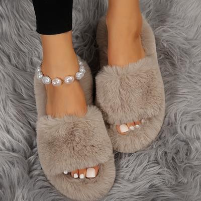 Moda Invierno 2024 Zapatillas de Plataforma Peludas Color Sólido Punta Abierta Zapatos de Felpa Acogedores Interior Exterior Zapatillas Peludas Calientes Sandalias de Talla Grande