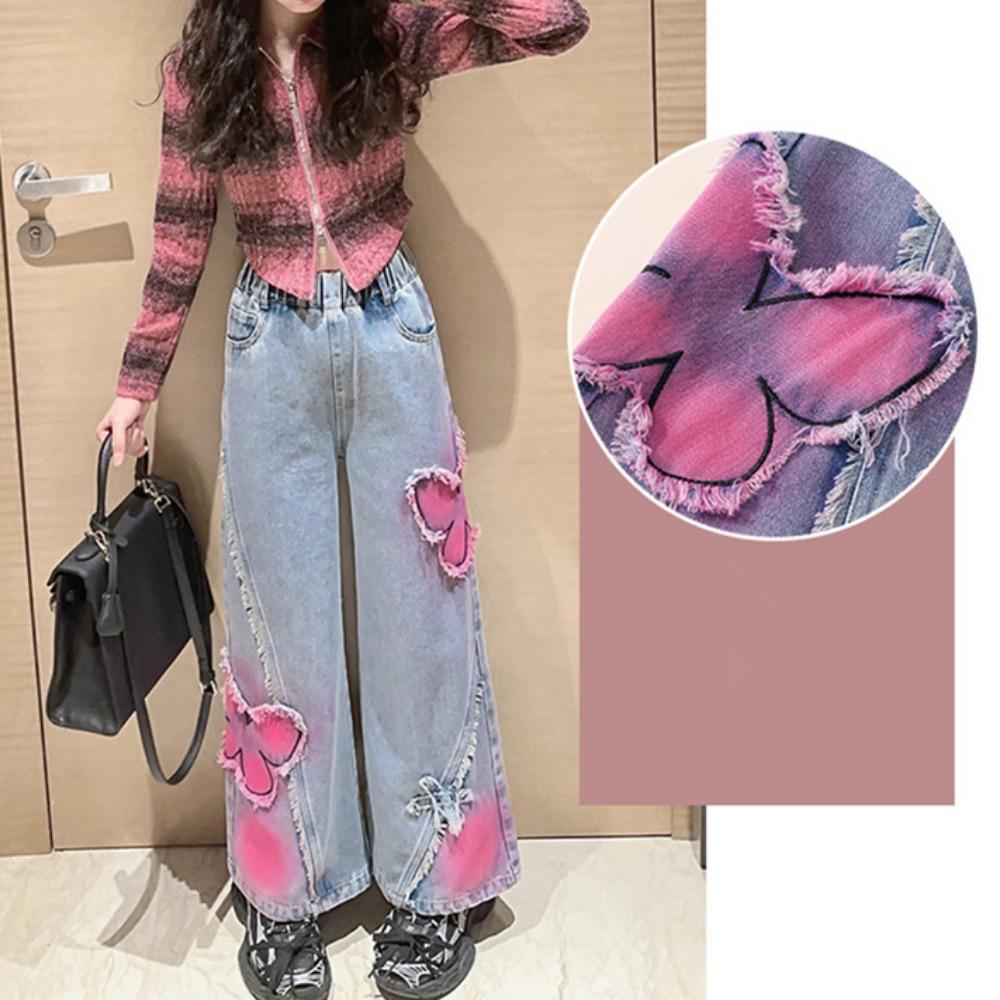 2025 Big Hot Deals Girls Fashion Spray-Painting Butterfly Denim Wide Leg Pants High Waist Korea Style Long Jeans Teens Trousers