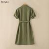 ZANZEA Women Casual Turn Down Collar Solid Color Short Sleeve Dress